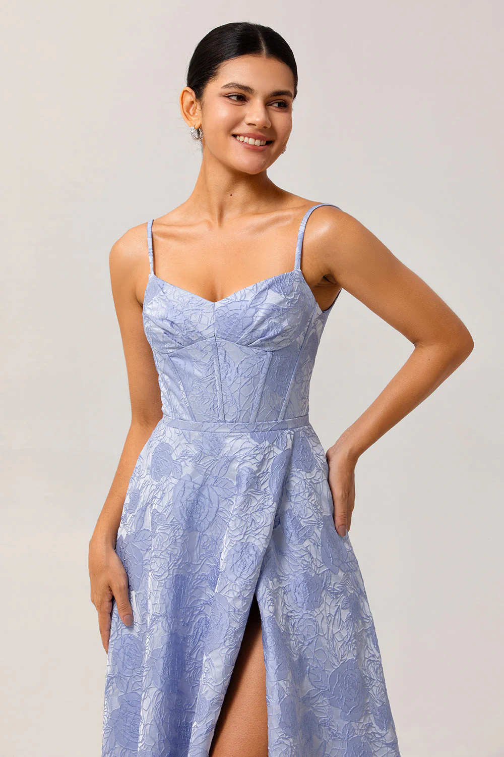 Blue A Line Spaghetti Straps Brocade Corset Prom Dress with Slit - Image 6