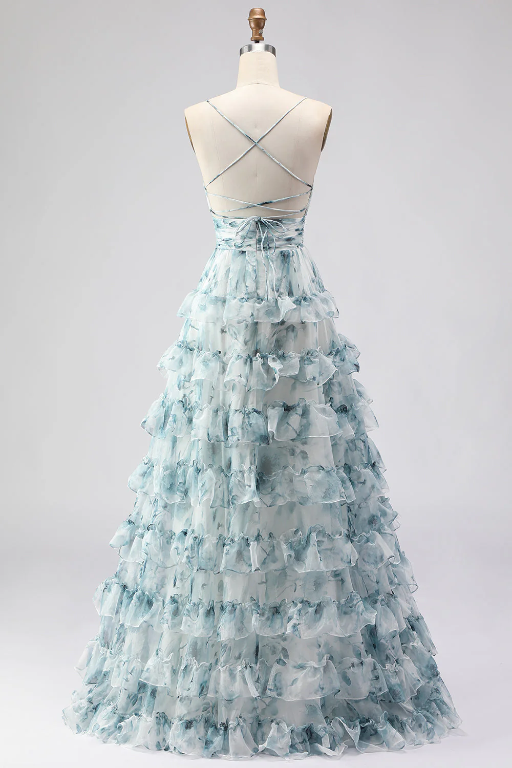Blue A Line Spaghetti Straps Tiered Ruffle Print Floral Long Prom Dress with Slit - Image 2
