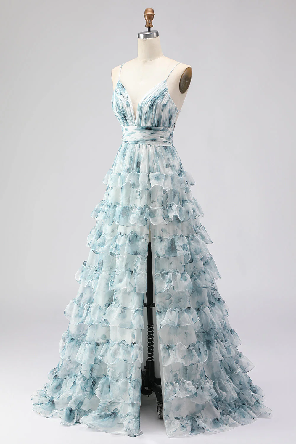 Blue A Line Spaghetti Straps Tiered Ruffle Print Floral Long Prom Dress with Slit - Image 3