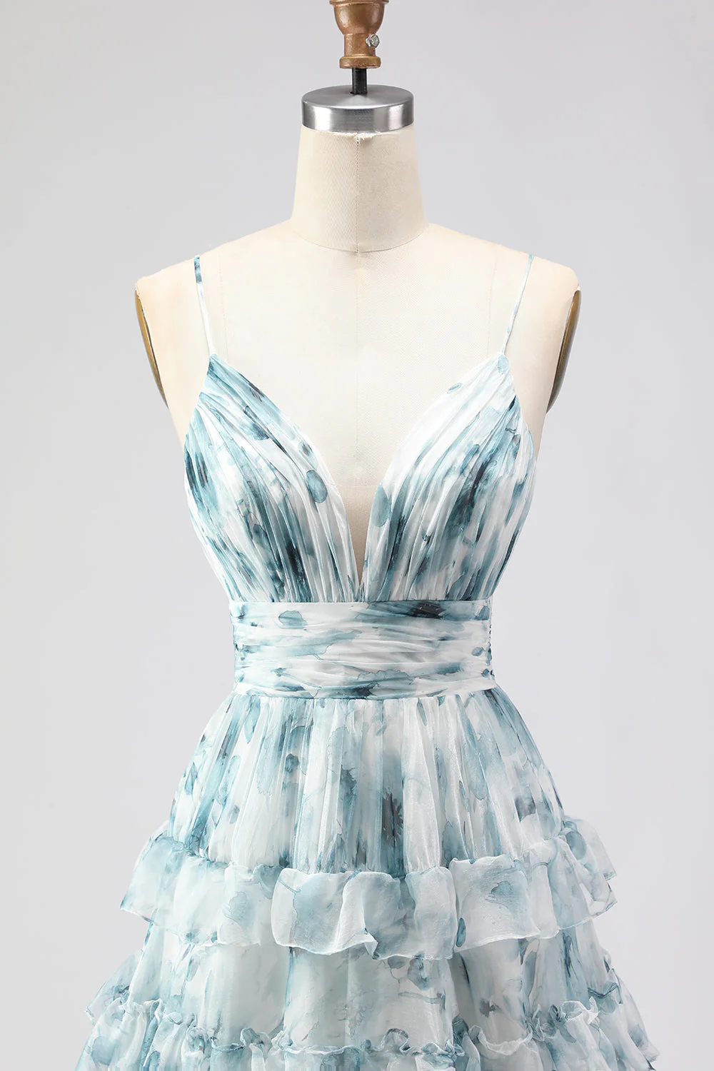 Blue A Line Spaghetti Straps Tiered Ruffle Print Floral Long Prom Dress with Slit - Image 4