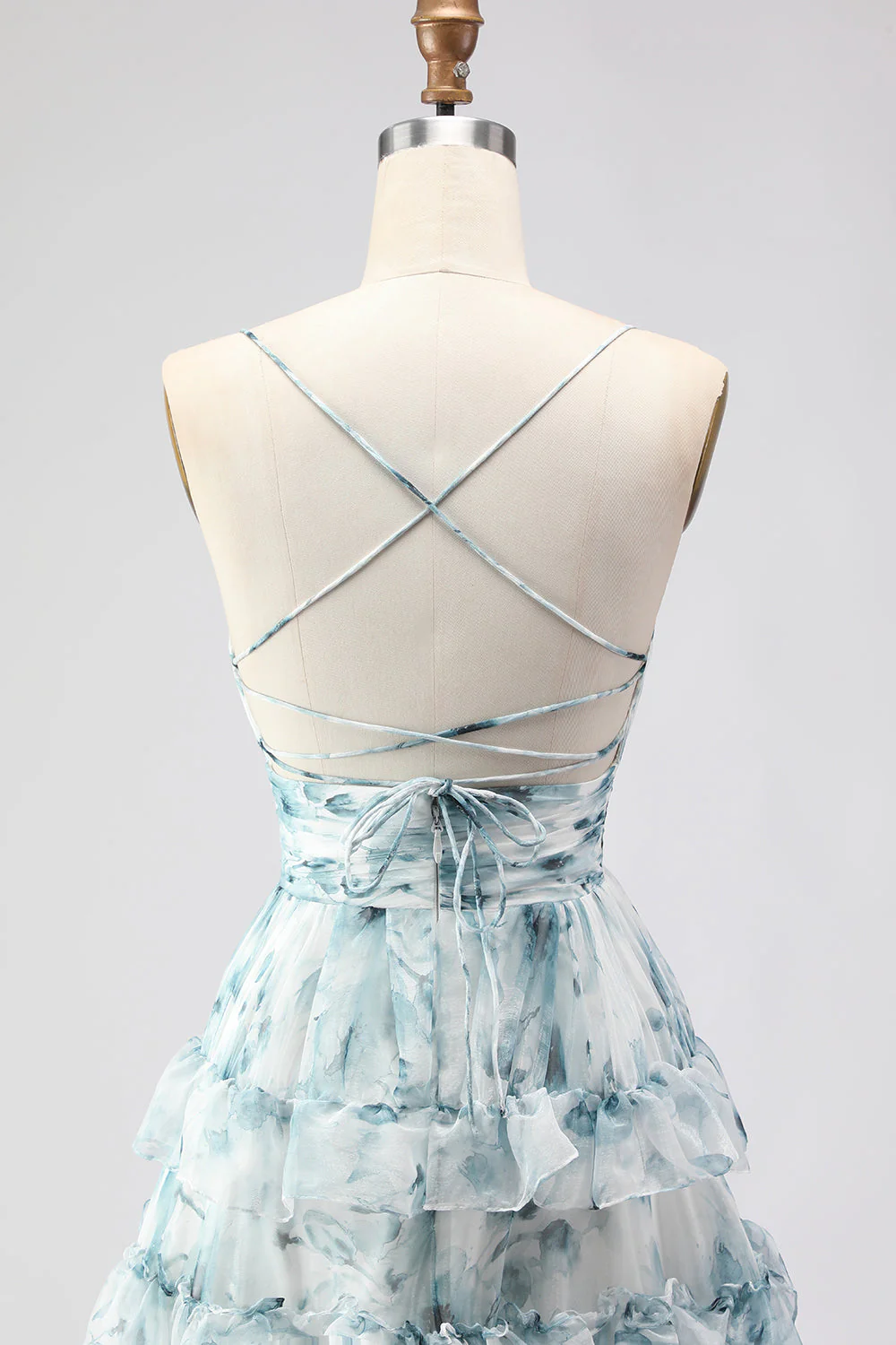Blue A Line Spaghetti Straps Tiered Ruffle Print Floral Long Prom Dress with Slit - Image 5