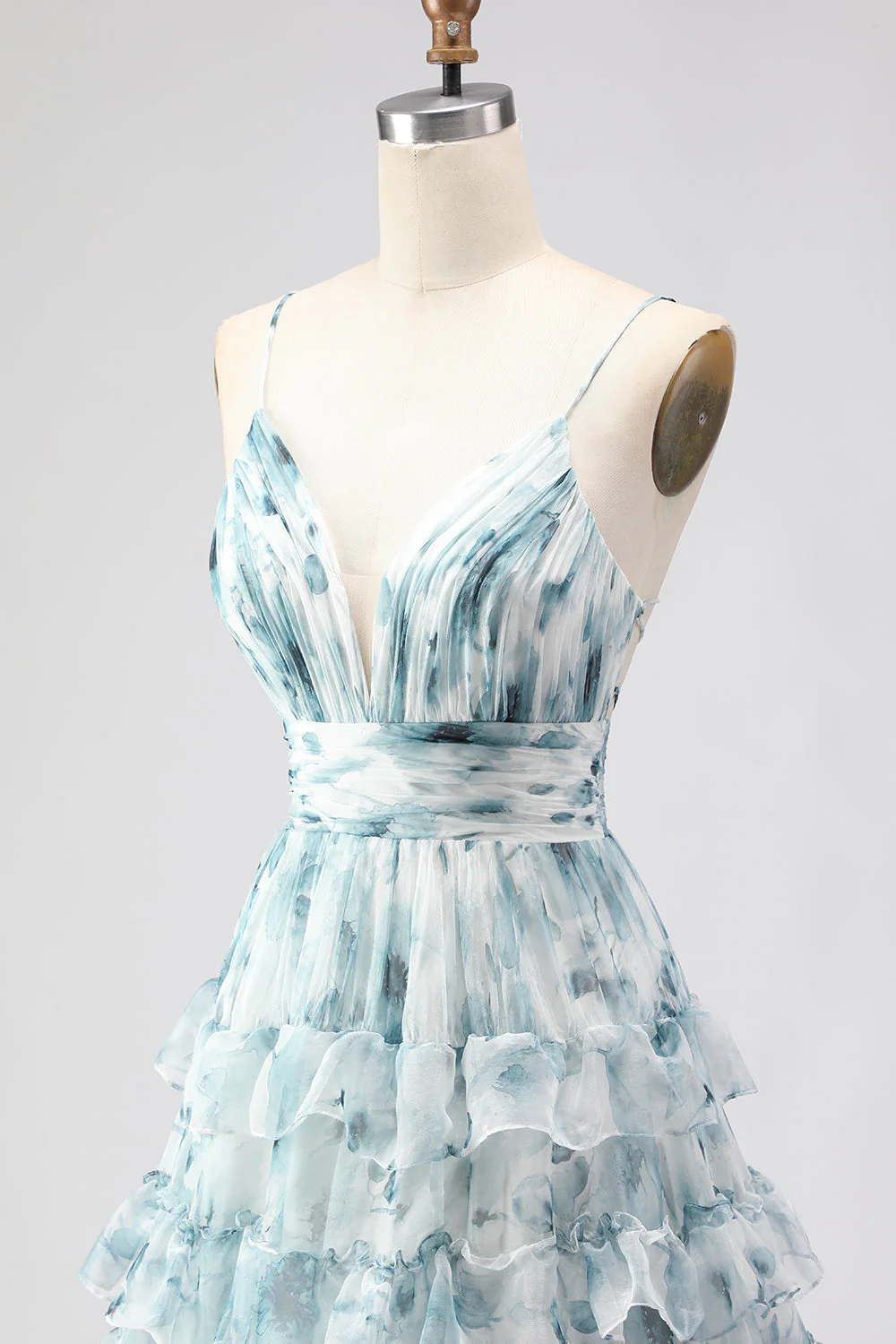 Blue A Line Spaghetti Straps Tiered Ruffle Print Floral Long Prom Dress with Slit - Image 6