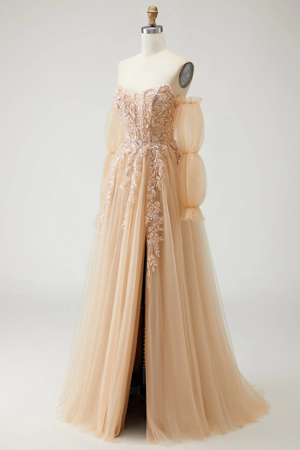 Blue A Line Strapless Convertible Corset Sequins Long Prom Dress with Removable Sleeves - Image 10