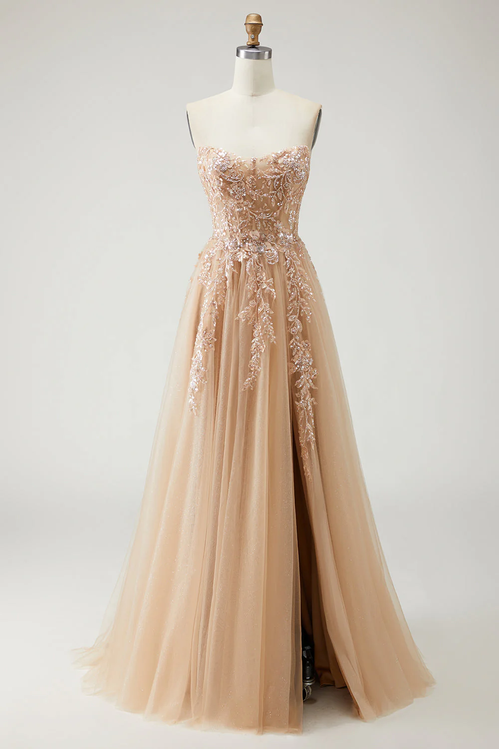 Blue A Line Strapless Convertible Corset Sequins Long Prom Dress with Removable Sleeves - Image 11