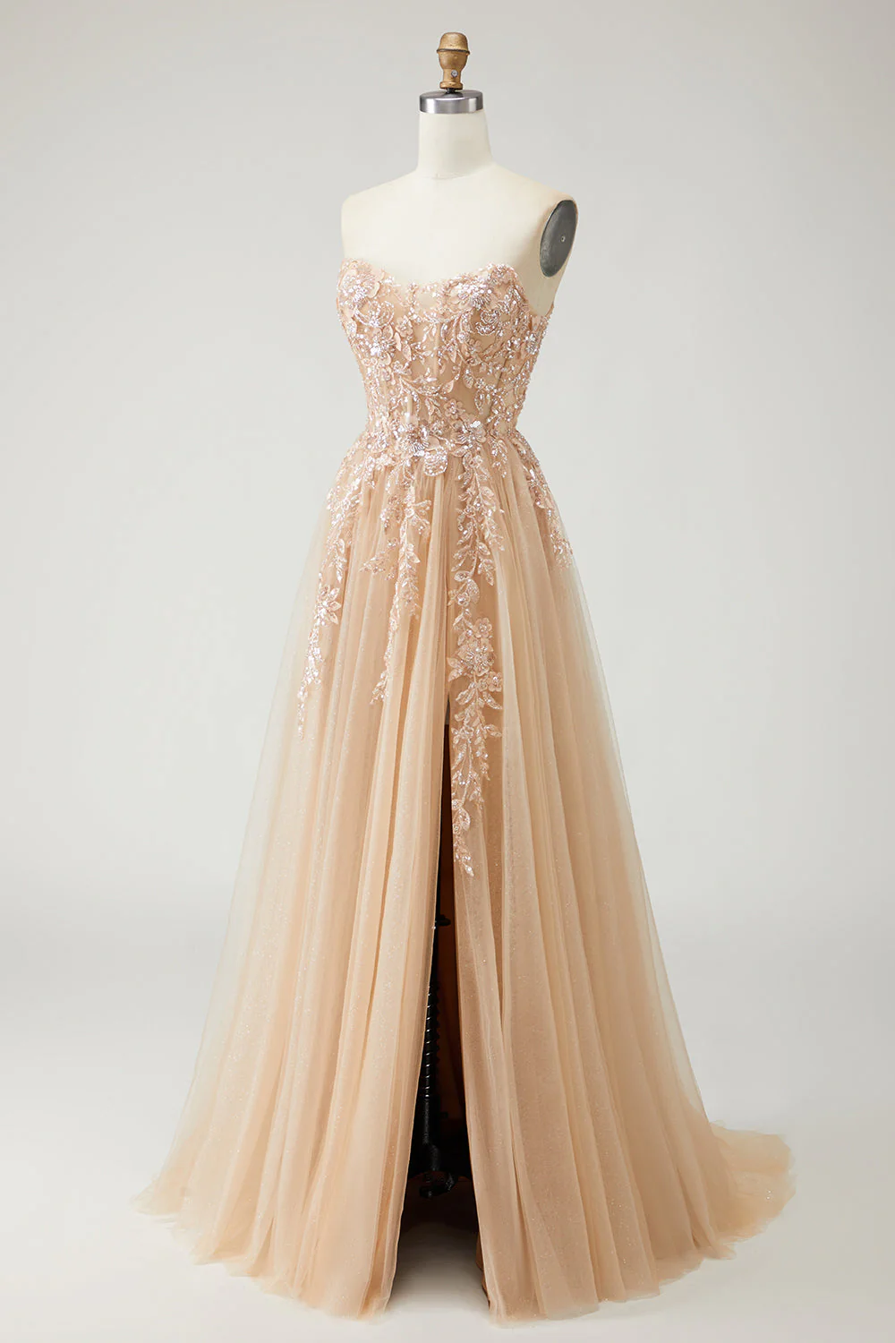 Blue A Line Strapless Convertible Corset Sequins Long Prom Dress with Removable Sleeves - Image 13