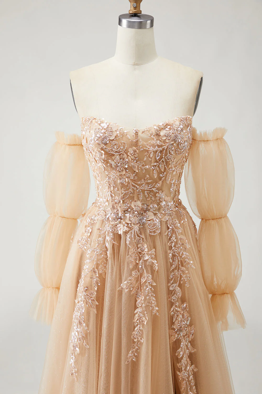 Blue A Line Strapless Convertible Corset Sequins Long Prom Dress with Removable Sleeves - Image 14
