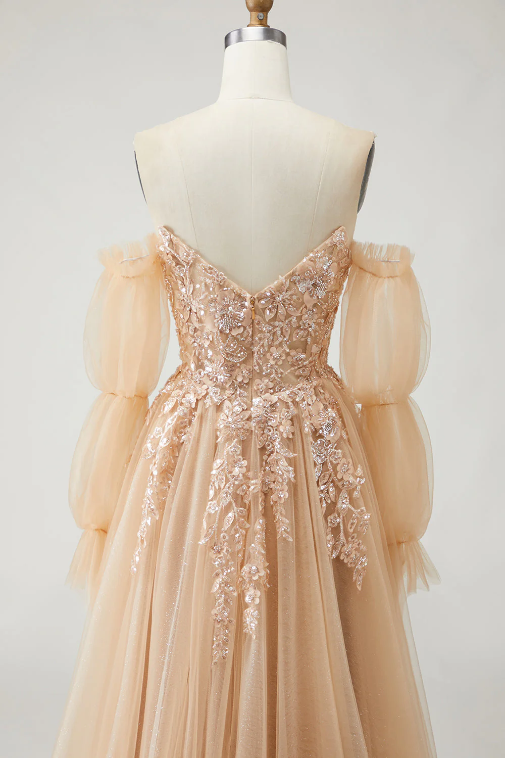 Blue A Line Strapless Convertible Corset Sequins Long Prom Dress with Removable Sleeves - Image 15