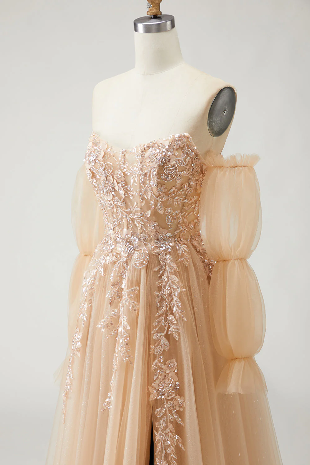 Blue A Line Strapless Convertible Corset Sequins Long Prom Dress with Removable Sleeves - Image 16