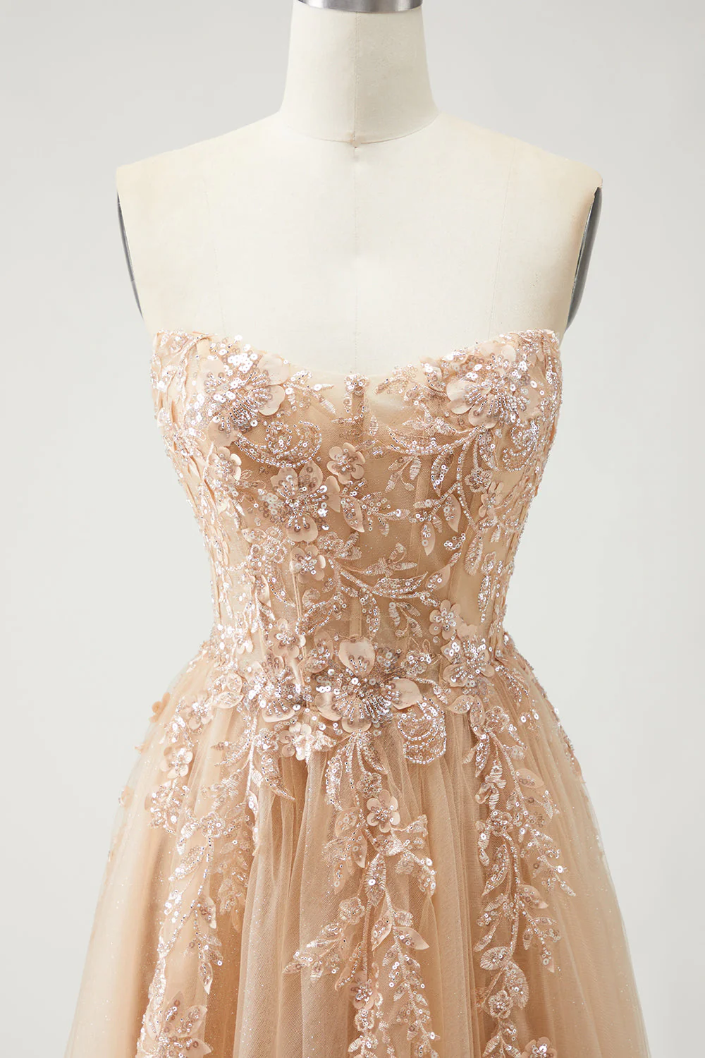 Blue A Line Strapless Convertible Corset Sequins Long Prom Dress with Removable Sleeves - Image 17