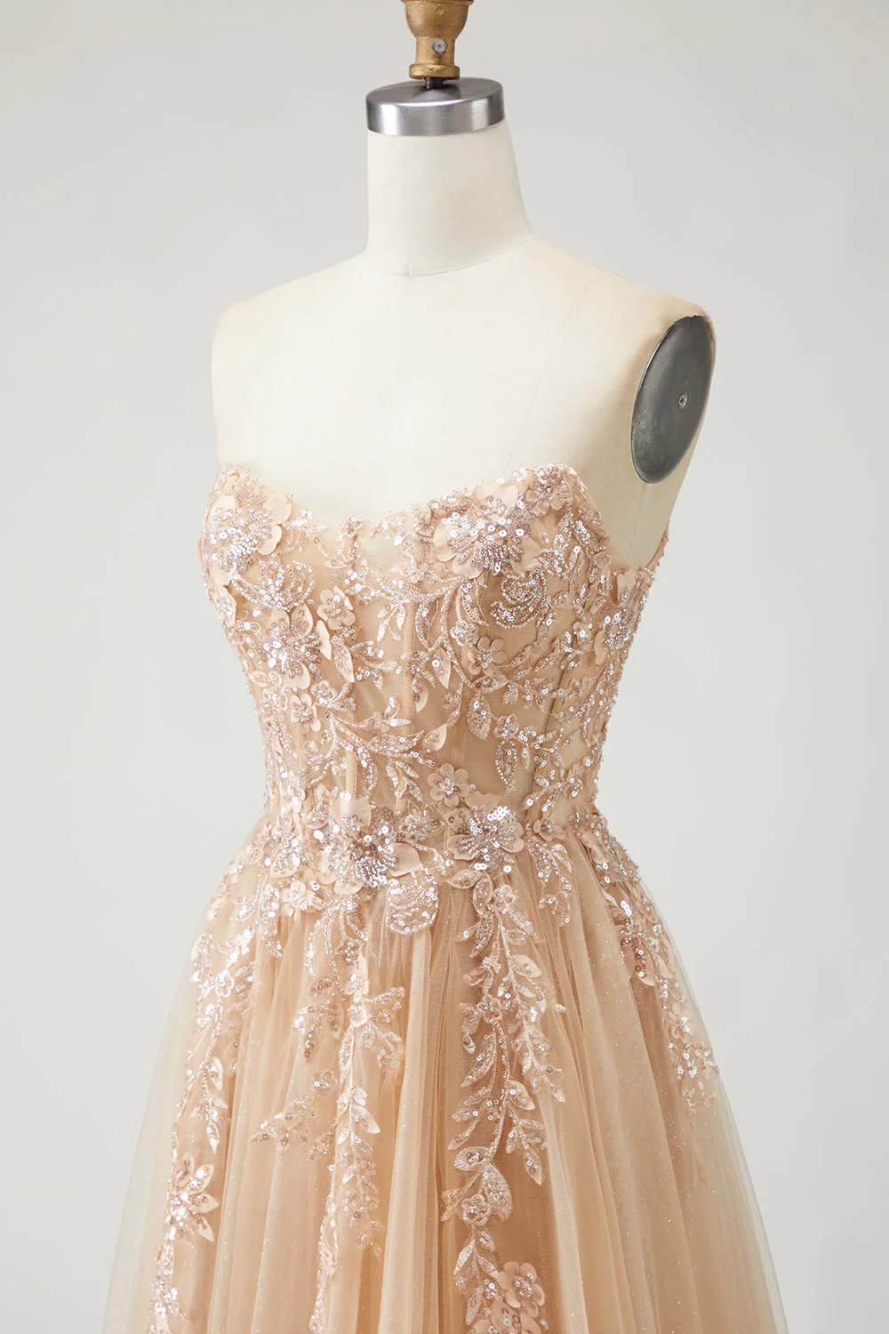 Blue A Line Strapless Convertible Corset Sequins Long Prom Dress with Removable Sleeves - Image 19