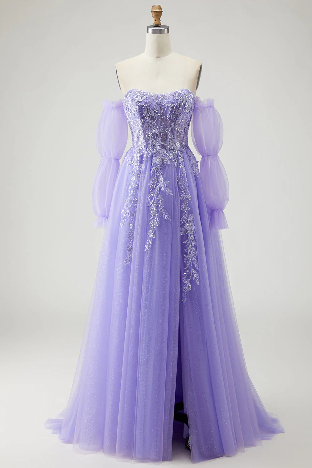 Blue A Line Strapless Convertible Corset Sequins Long Prom Dress with Removable Sleeves - Image 20