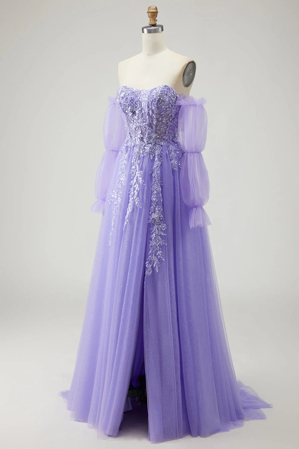 Blue A Line Strapless Convertible Corset Sequins Long Prom Dress with Removable Sleeves - Image 23