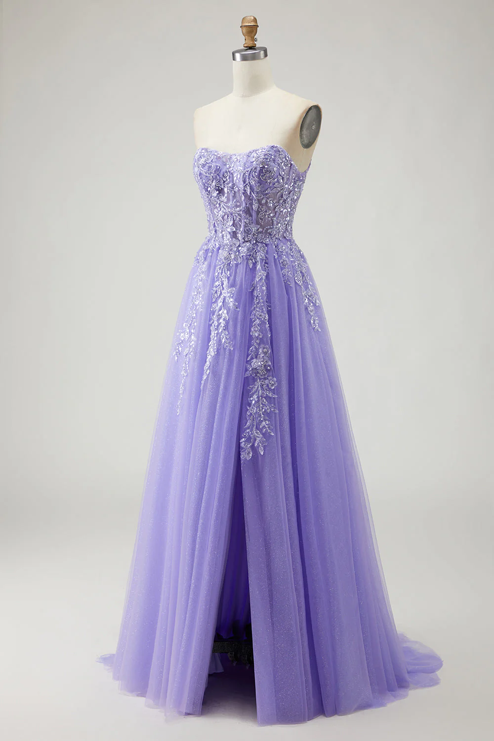 Blue A Line Strapless Convertible Corset Sequins Long Prom Dress with Removable Sleeves - Image 25