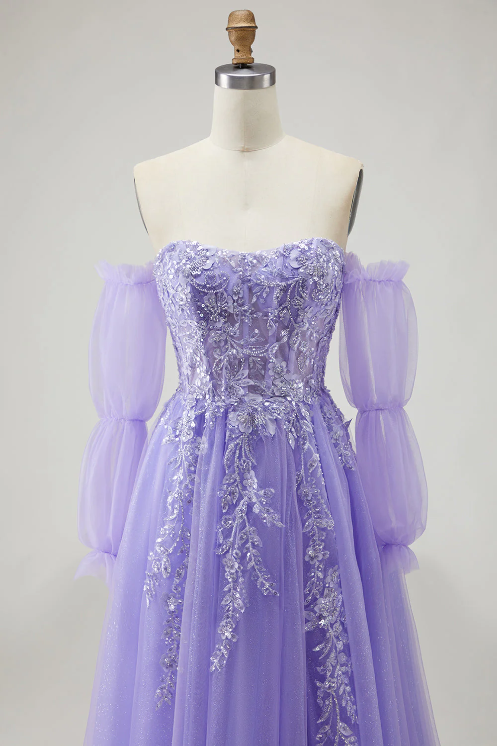 Blue A Line Strapless Convertible Corset Sequins Long Prom Dress with Removable Sleeves - Image 26