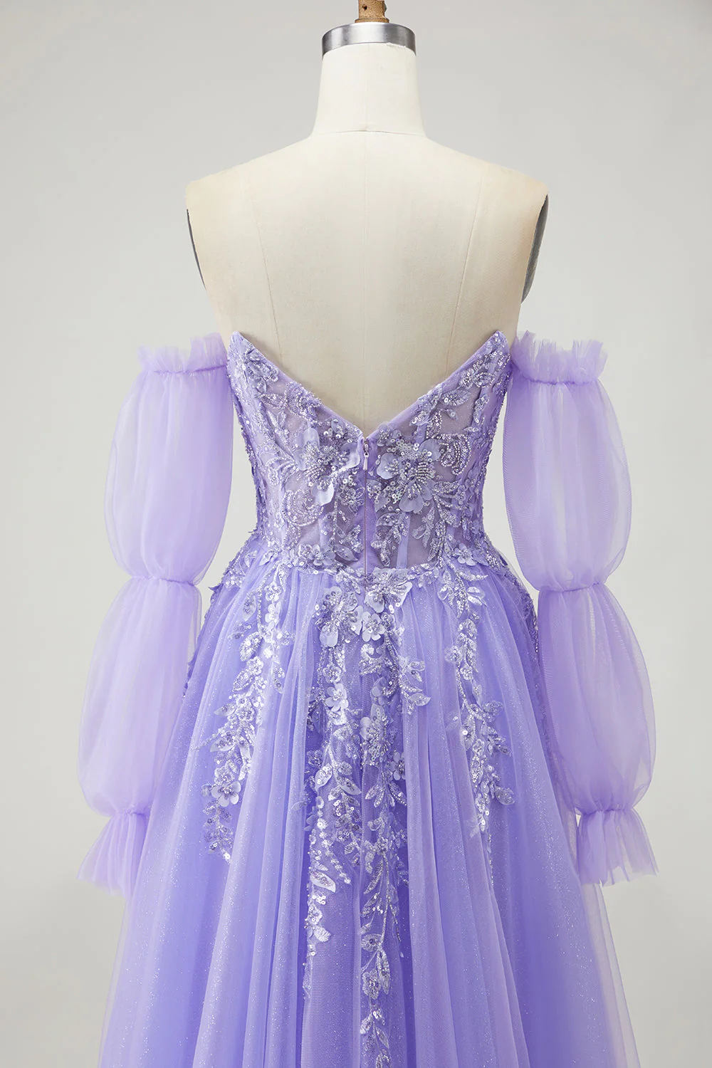 Blue A Line Strapless Convertible Corset Sequins Long Prom Dress with Removable Sleeves - Image 27