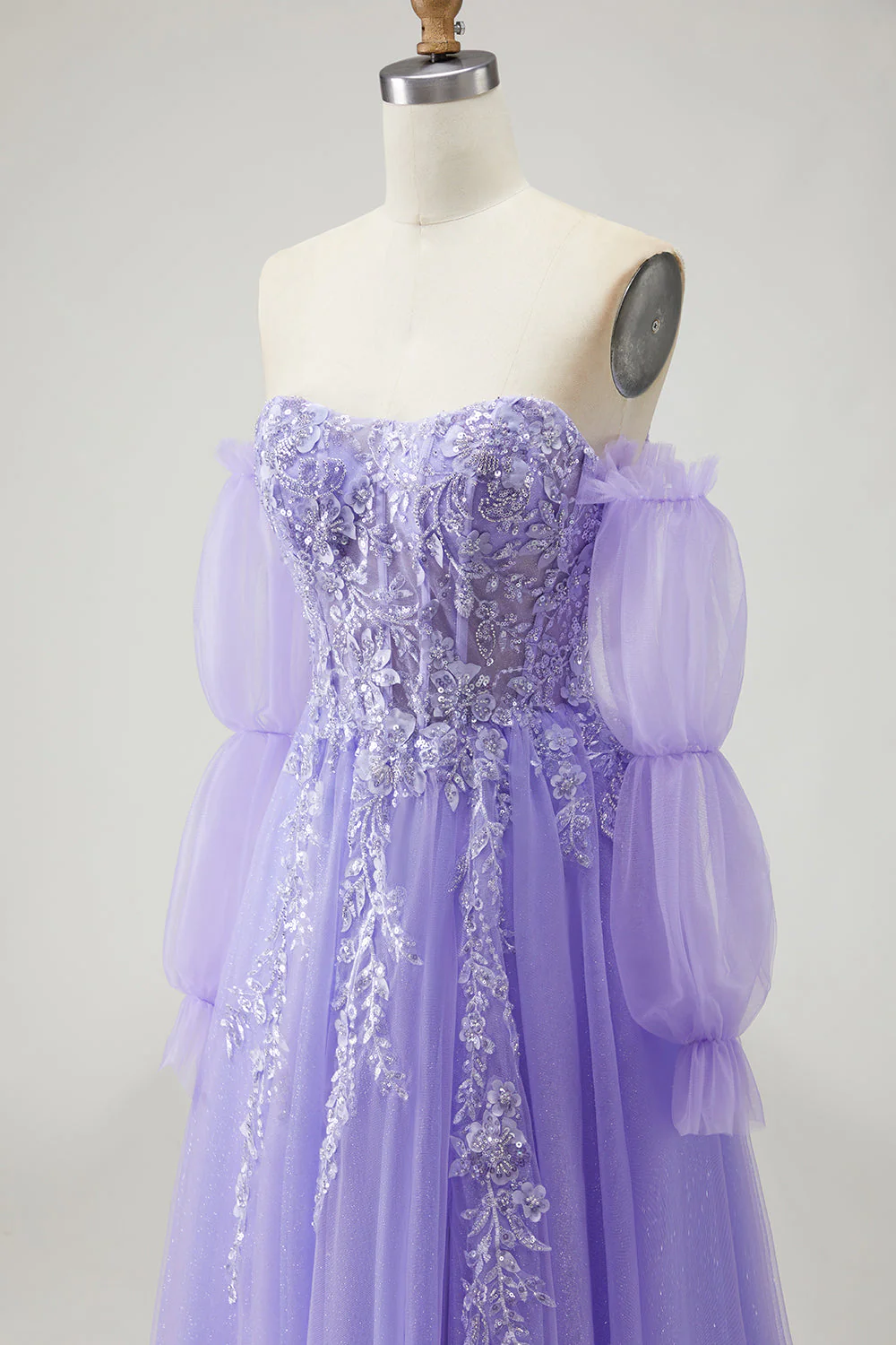 Blue A Line Strapless Convertible Corset Sequins Long Prom Dress with Removable Sleeves - Image 28