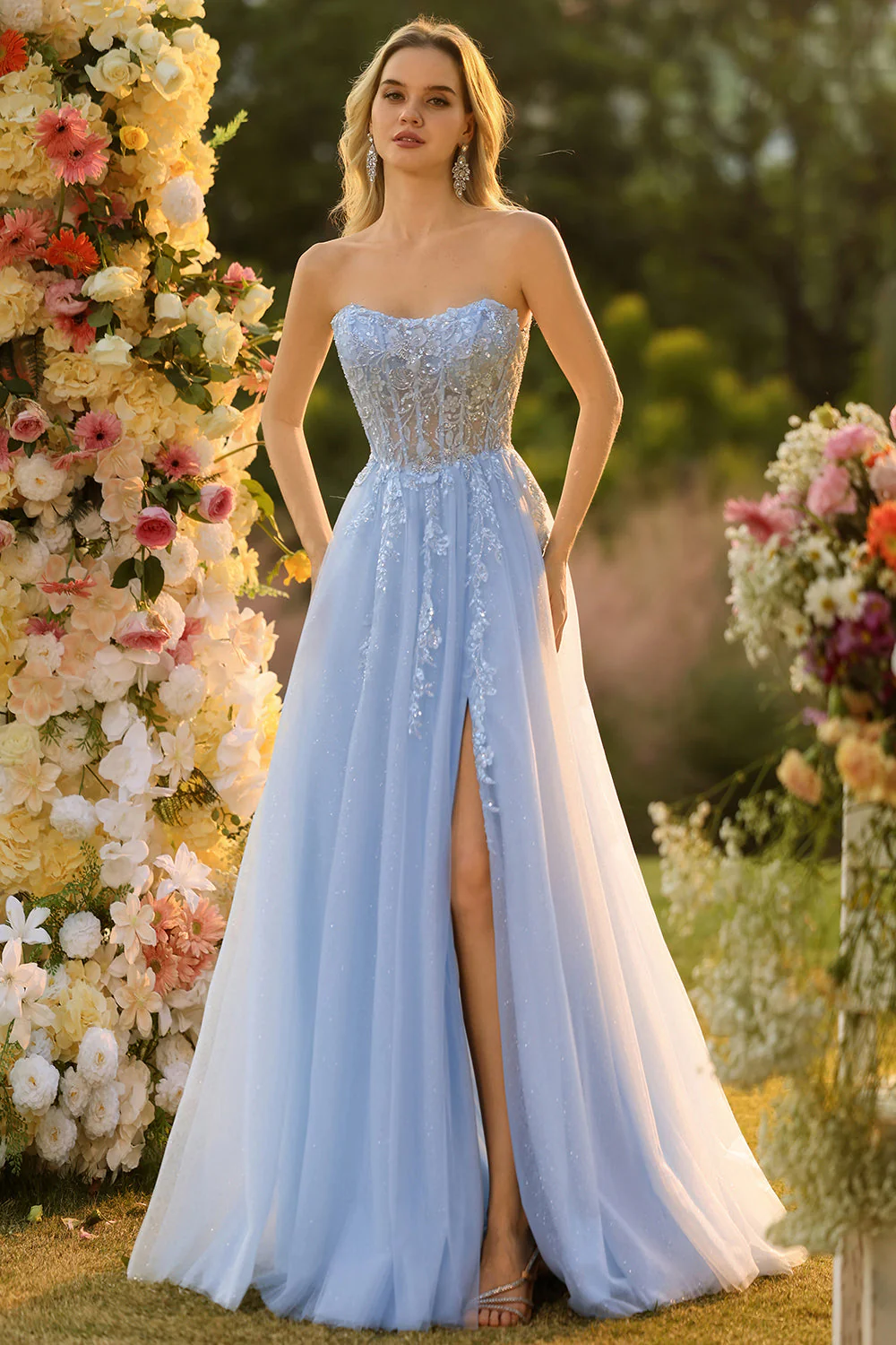 Blue A Line Strapless Convertible Corset Sequins Long Prom Dress with Removable Sleeves - Image 3