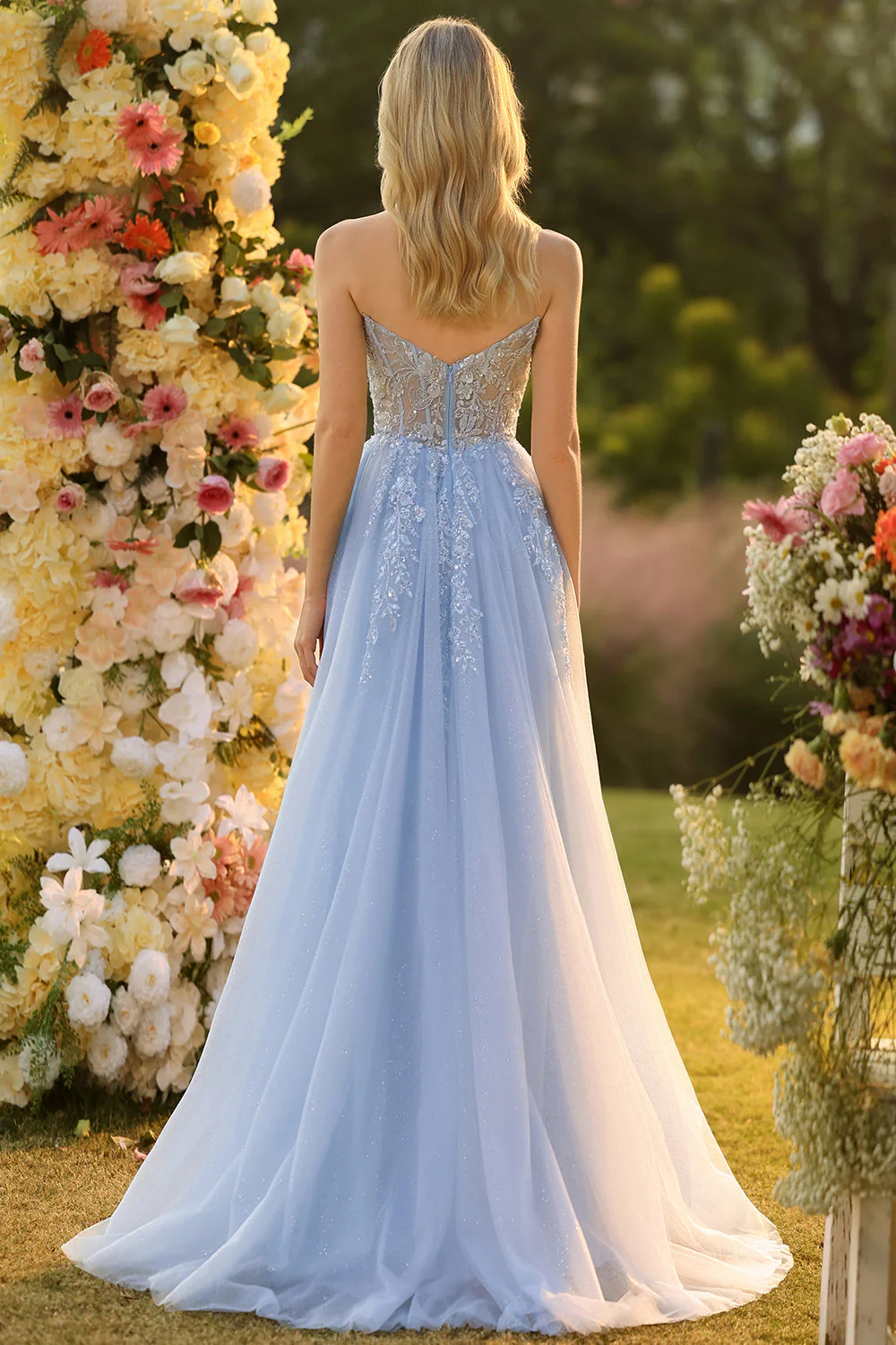Blue A Line Strapless Convertible Corset Sequins Long Prom Dress with Removable Sleeves - Image 4