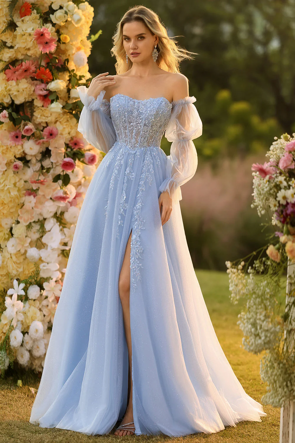 Blue A Line Strapless Convertible Corset Sequins Long Prom Dress with Removable Sleeves - Image 5