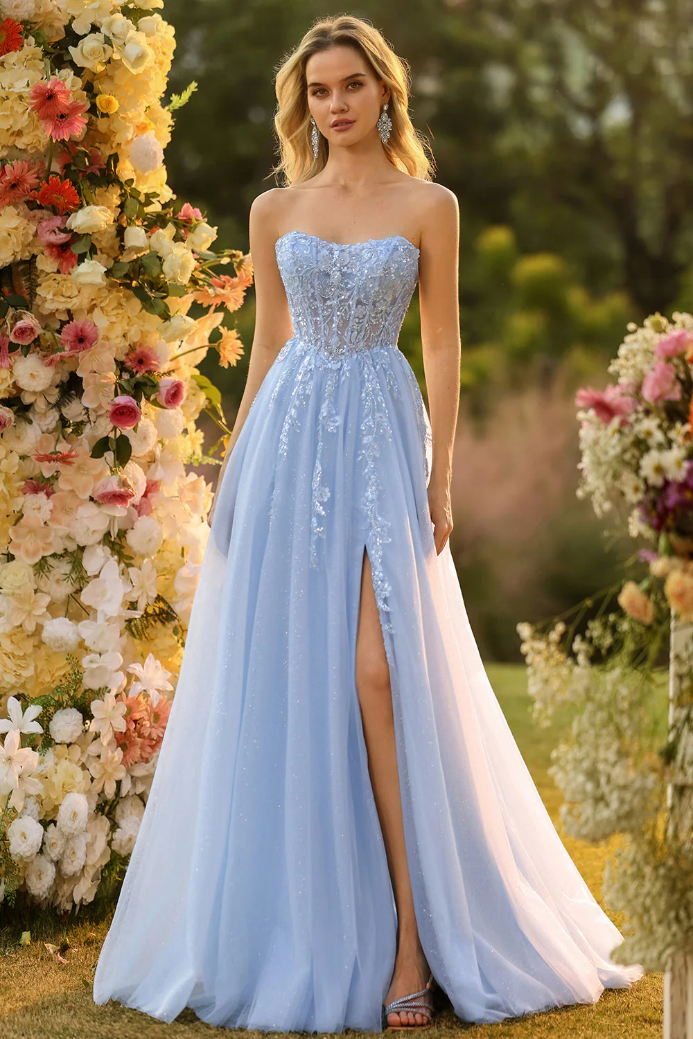 Blue A Line Strapless Convertible Corset Sequins Long Prom Dress with Removable Sleeves - Image 6