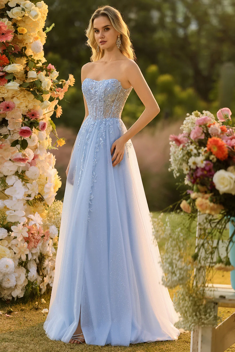 Blue A Line Strapless Convertible Corset Sequins Long Prom Dress with Removable Sleeves - Image 7