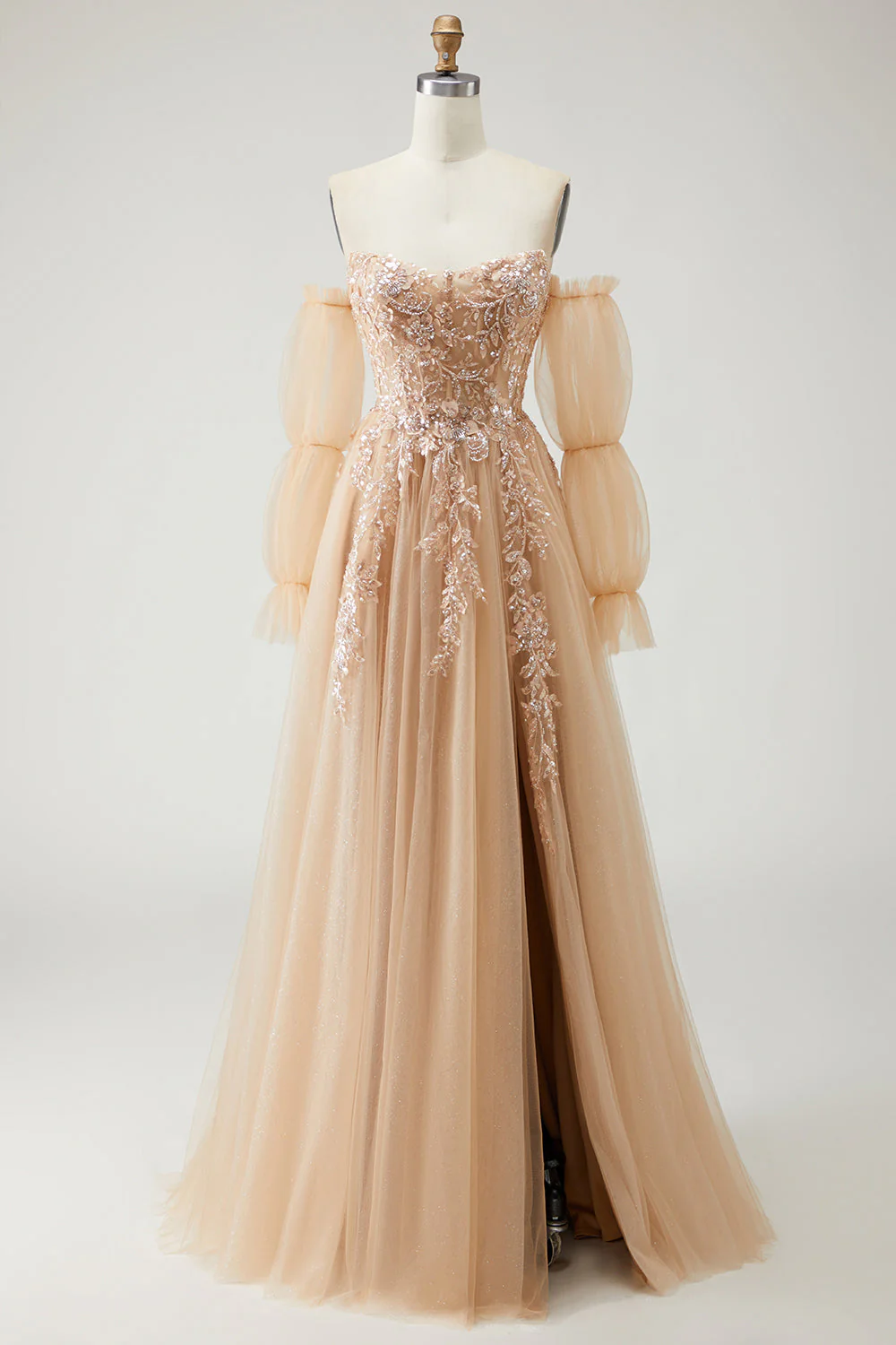 Blue A Line Strapless Convertible Corset Sequins Long Prom Dress with Removable Sleeves - Image 8