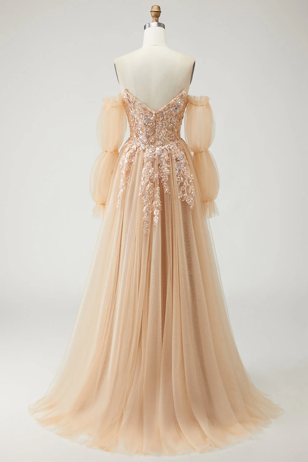 Blue A Line Strapless Convertible Corset Sequins Long Prom Dress with Removable Sleeves - Image 9