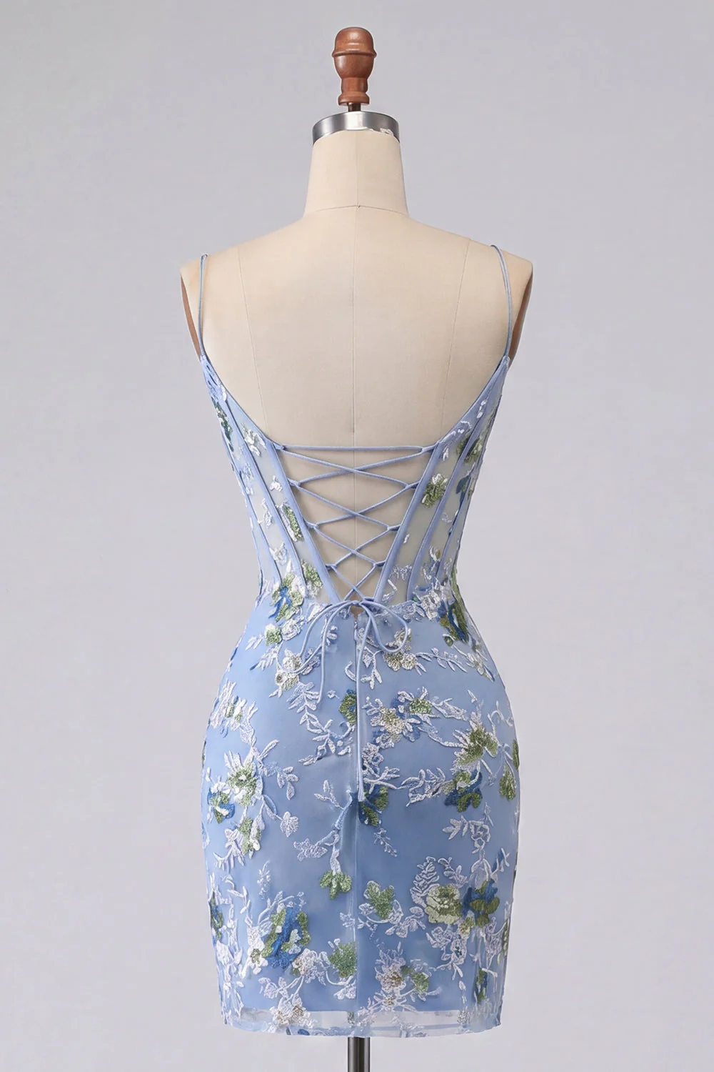 Blue Bodycon Embroidered Floral Sheer Corset Party Dress - Image 2
