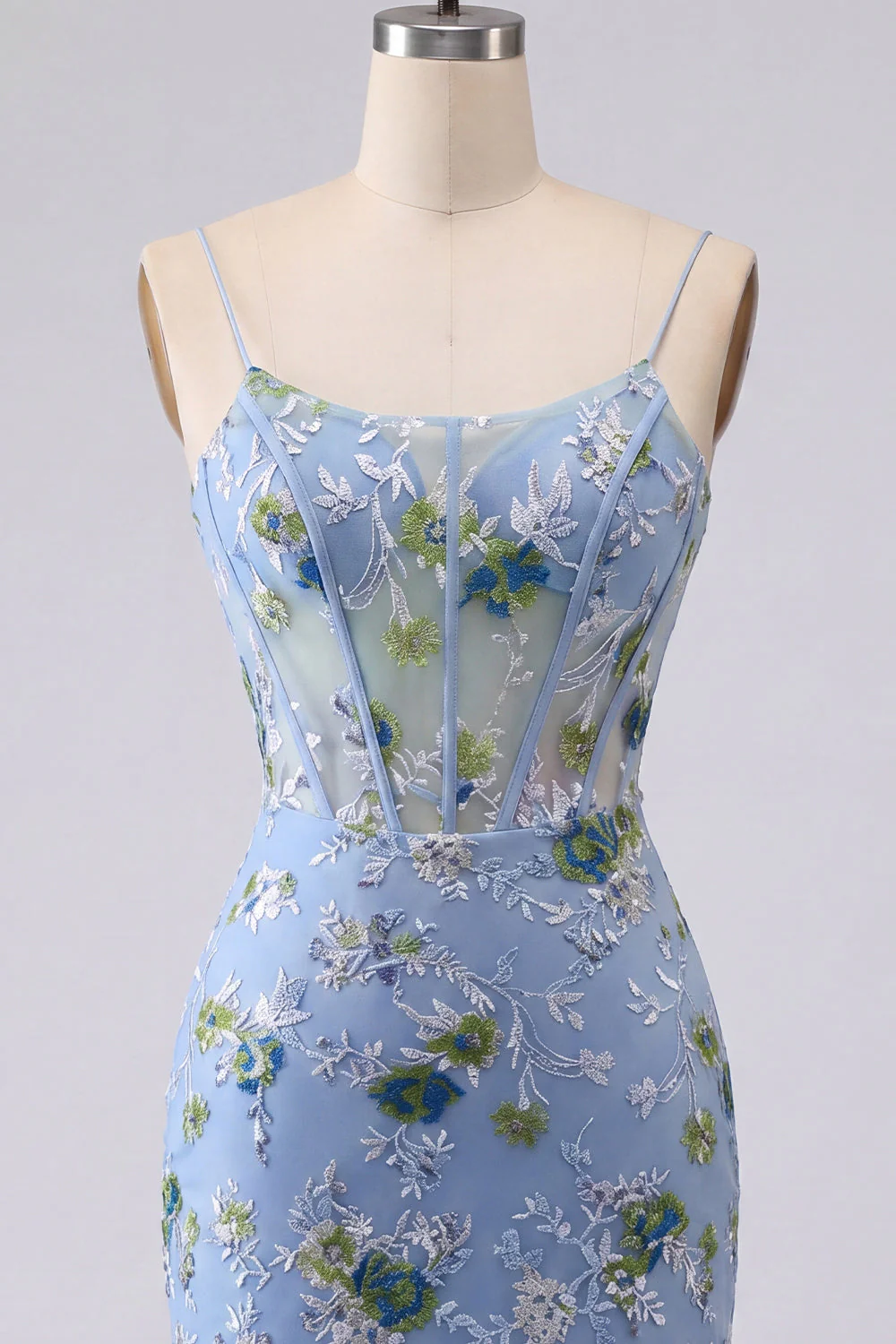 Blue Bodycon Embroidered Floral Sheer Corset Party Dress - Image 7