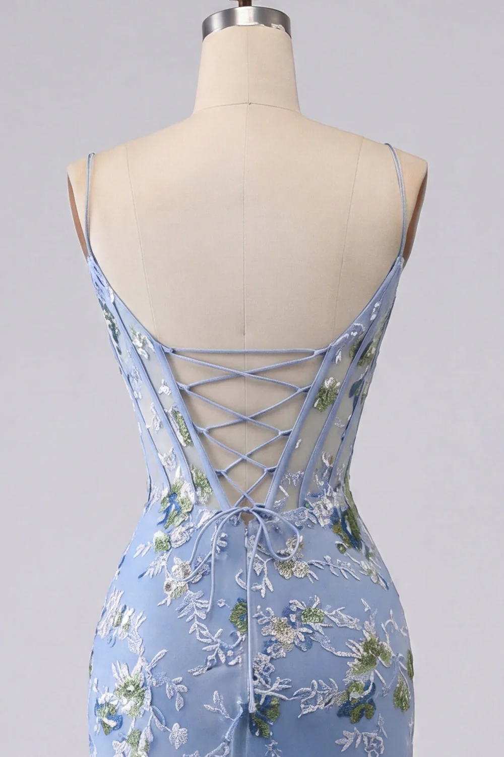 Blue Bodycon Embroidered Floral Sheer Corset Party Dress - Image 8