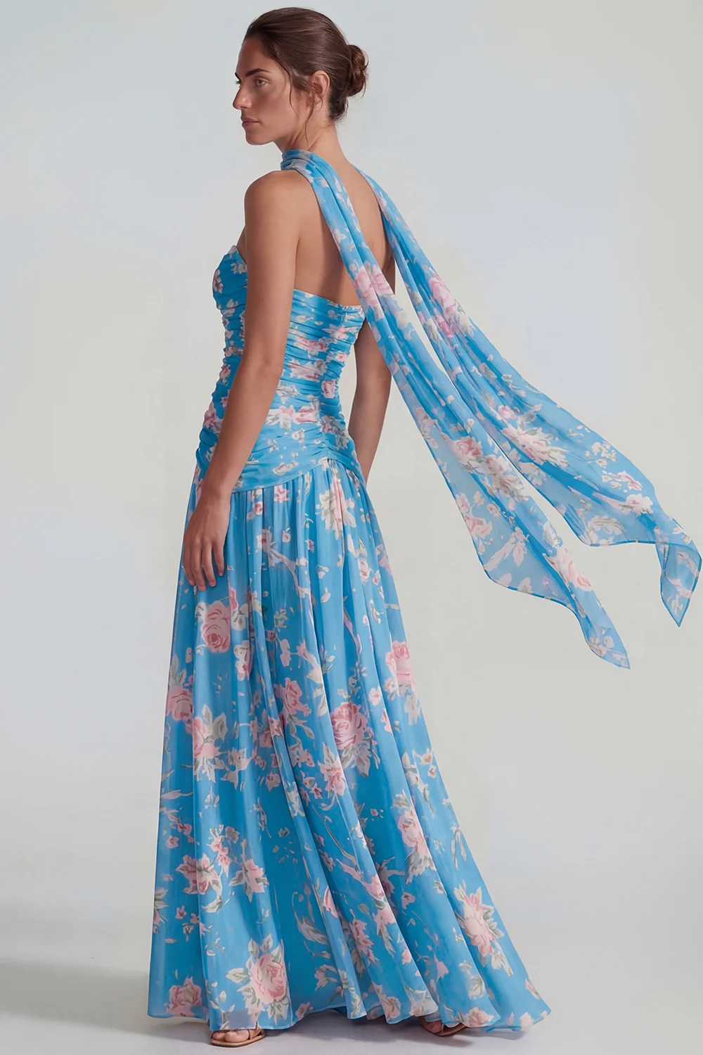 Blue Strapless Ruched A Line Chiffon Long Floral Dress with Streamer - Image 10