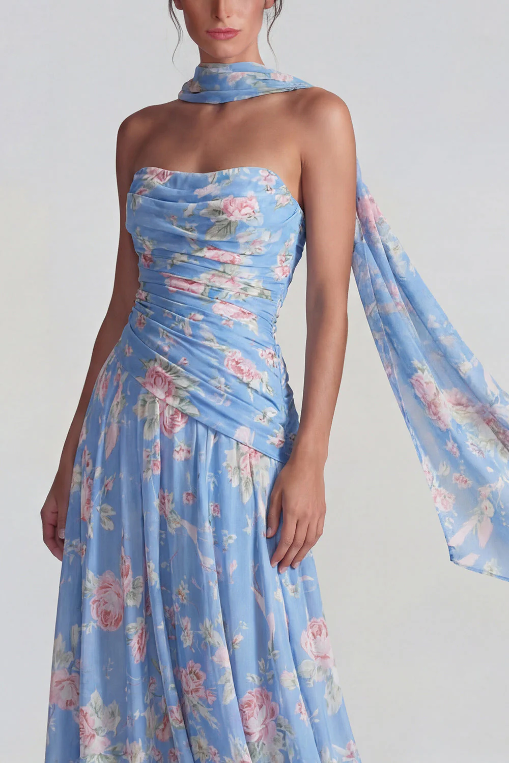 Blue Strapless Ruched A Line Chiffon Long Floral Dress with Streamer - Image 3