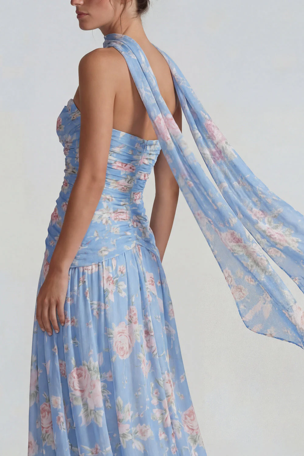 Blue Strapless Ruched A Line Chiffon Long Floral Dress with Streamer - Image 4