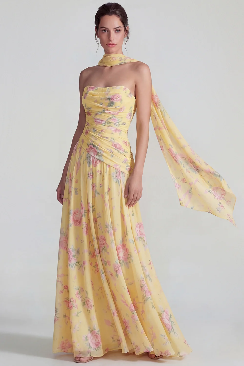 Blue Strapless Ruched A Line Chiffon Long Floral Dress with Streamer - Image 5