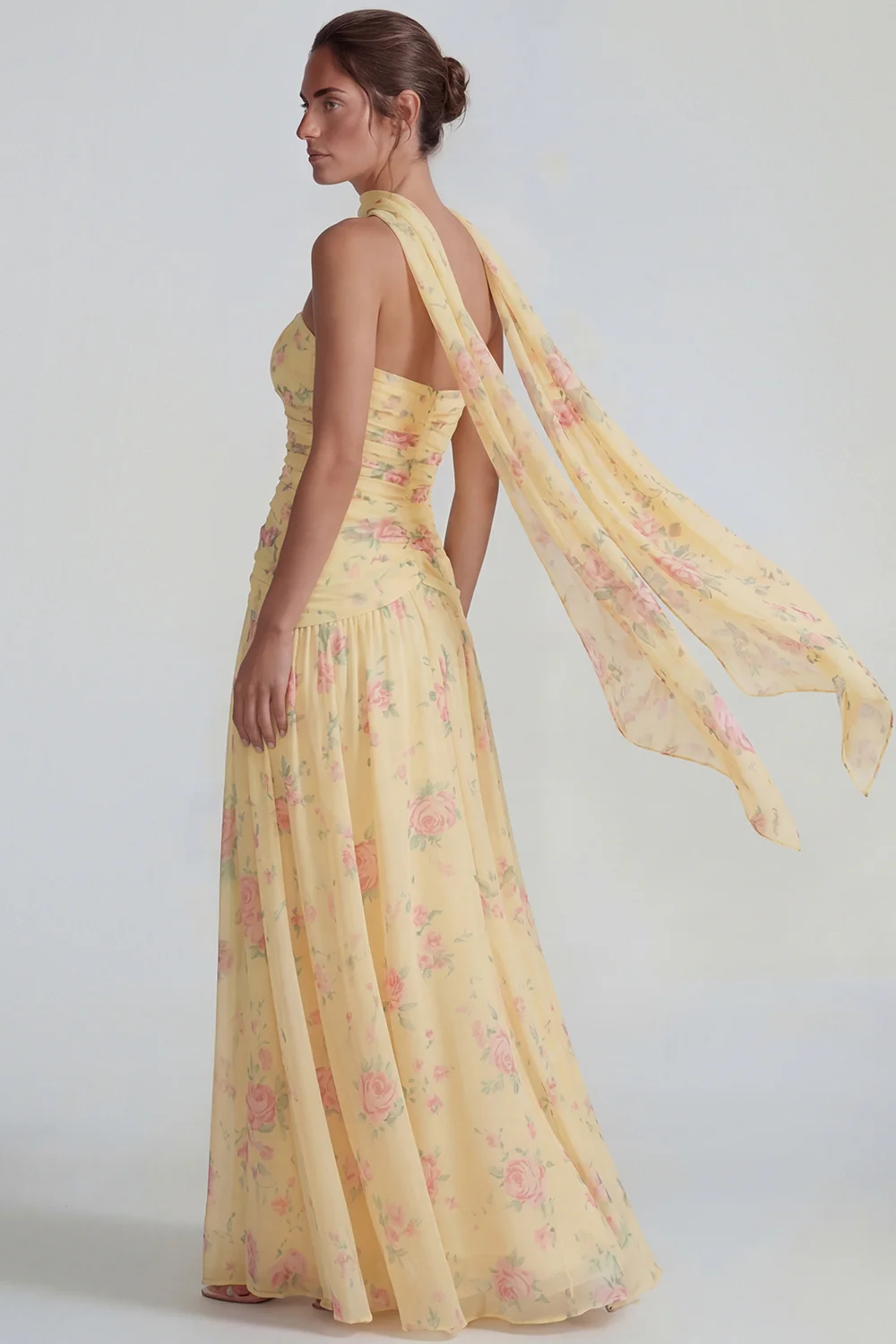 Blue Strapless Ruched A Line Chiffon Long Floral Dress with Streamer - Image 6