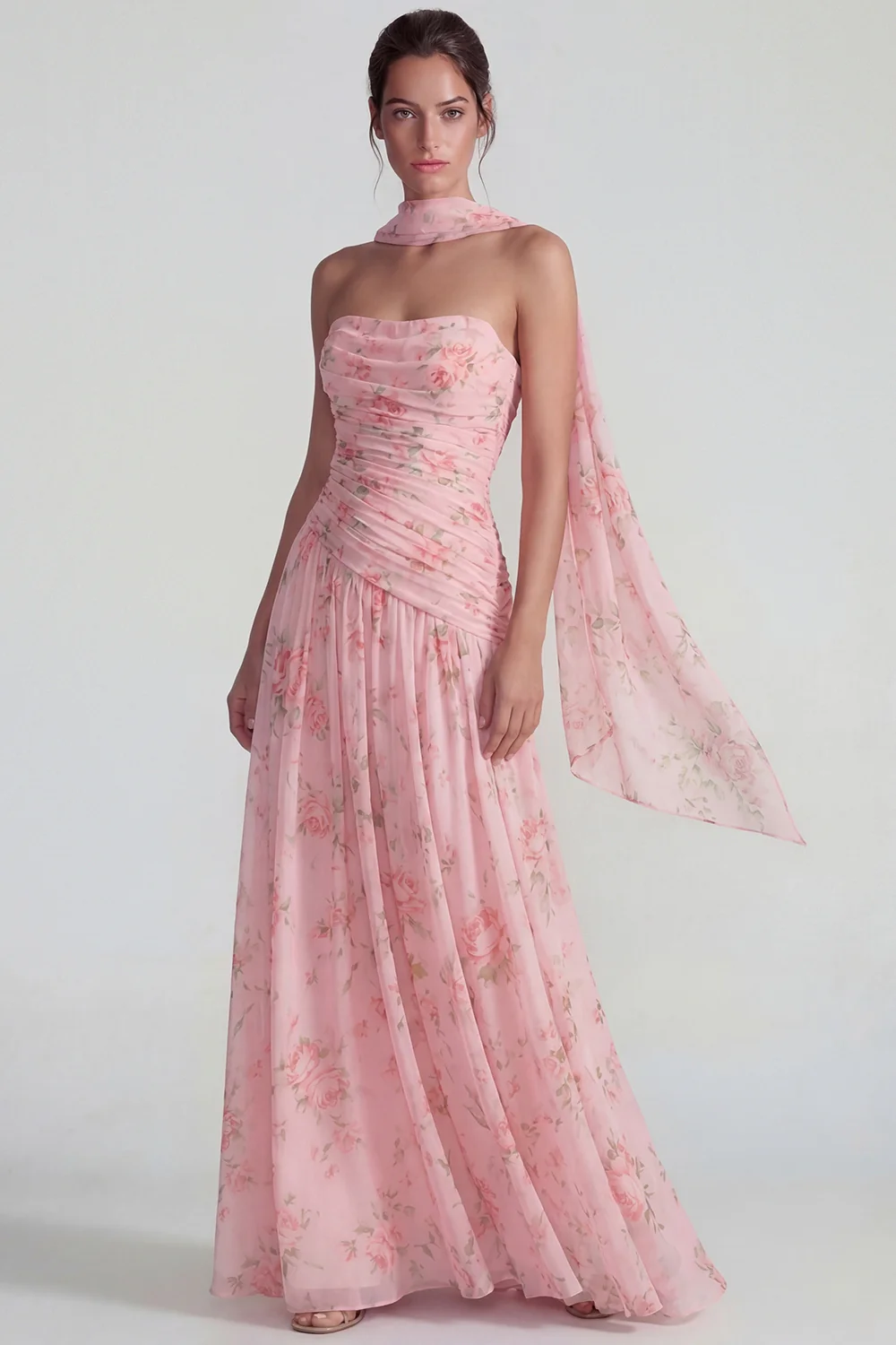 Blue Strapless Ruched A Line Chiffon Long Floral Dress with Streamer - Image 7