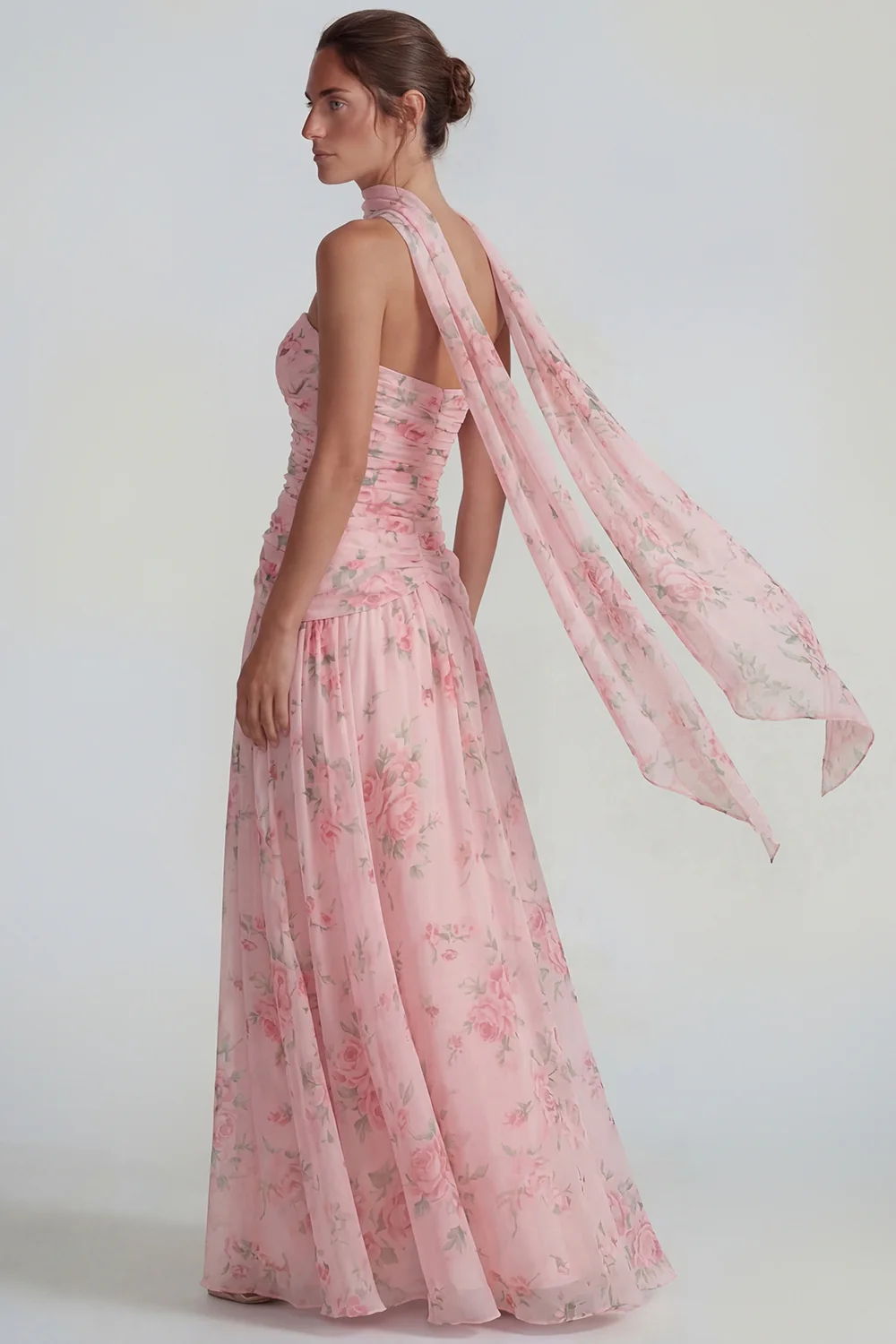 Blue Strapless Ruched A Line Chiffon Long Floral Dress with Streamer - Image 8