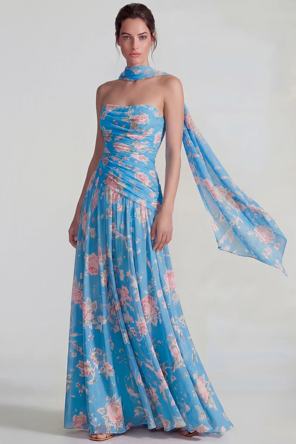 Blue Strapless Ruched A Line Chiffon Long Floral Dress with Streamer - Image 9