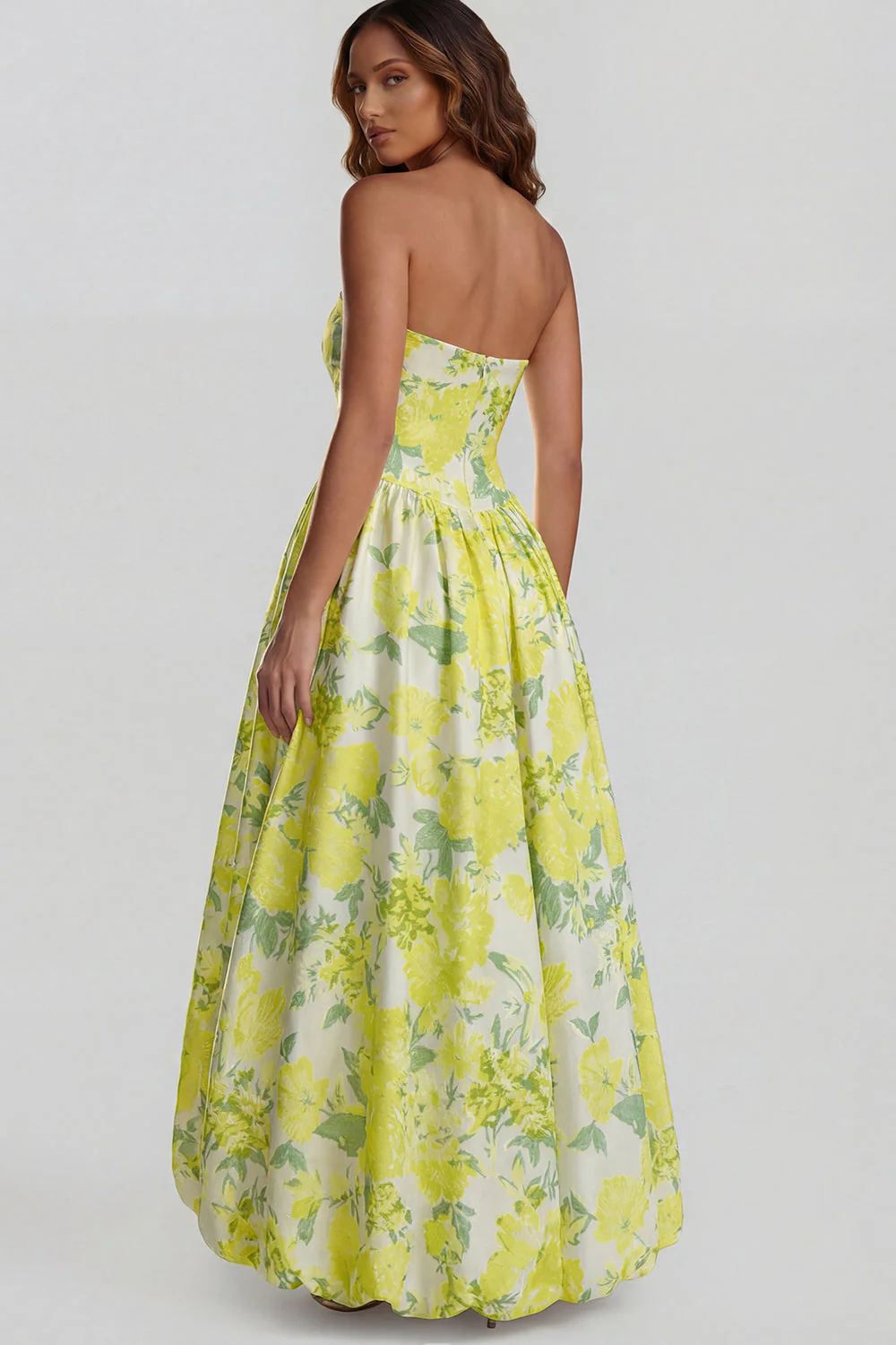Blue Daffodil Flower Printed A-Line Strapless Midi Dress with Slit - Image 10