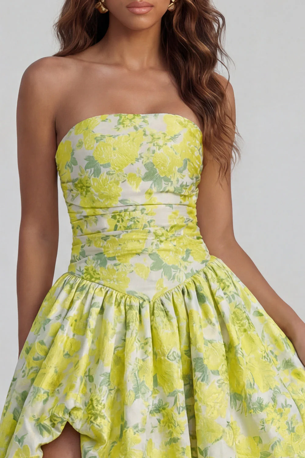 Blue Daffodil Flower Printed A-Line Strapless Midi Dress with Slit - Image 11