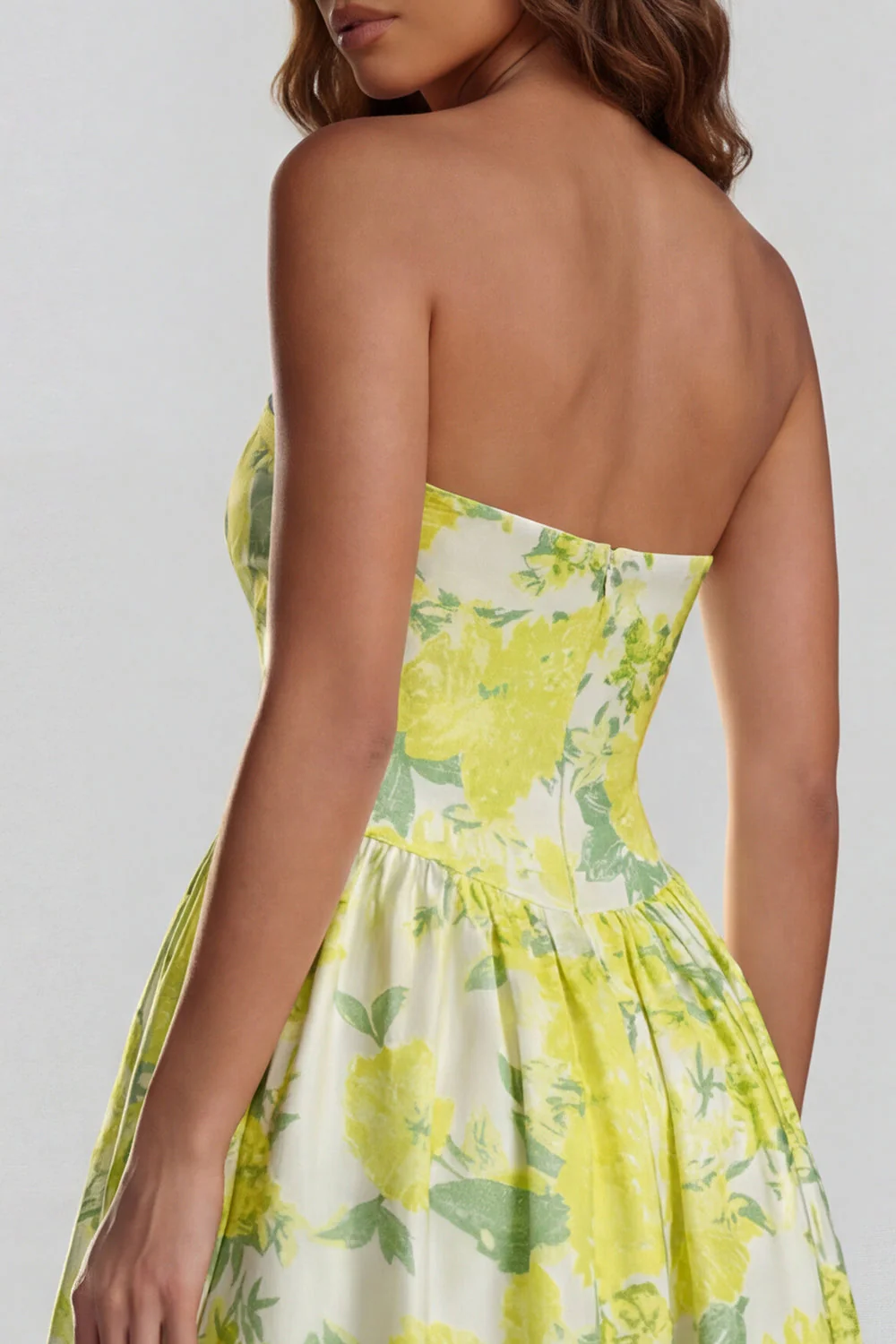 Blue Daffodil Flower Printed A-Line Strapless Midi Dress with Slit - Image 12