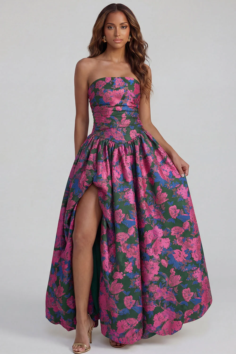 Blue Daffodil Flower Printed A-Line Strapless Midi Dress with Slit - Image 13