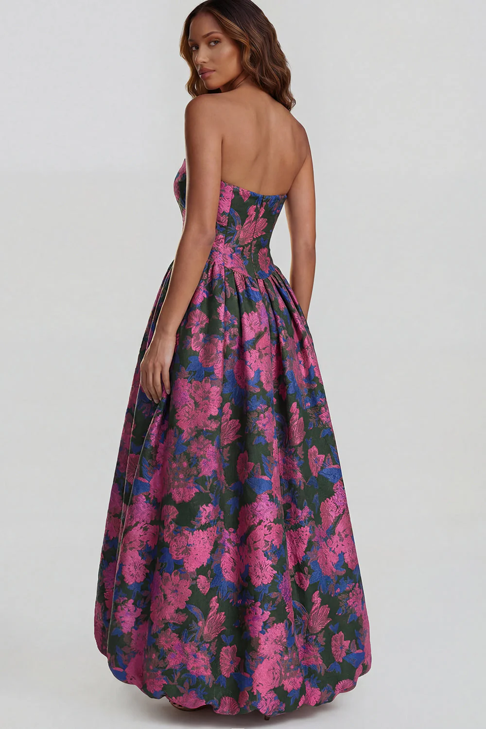 Blue Daffodil Flower Printed A-Line Strapless Midi Dress with Slit - Image 14