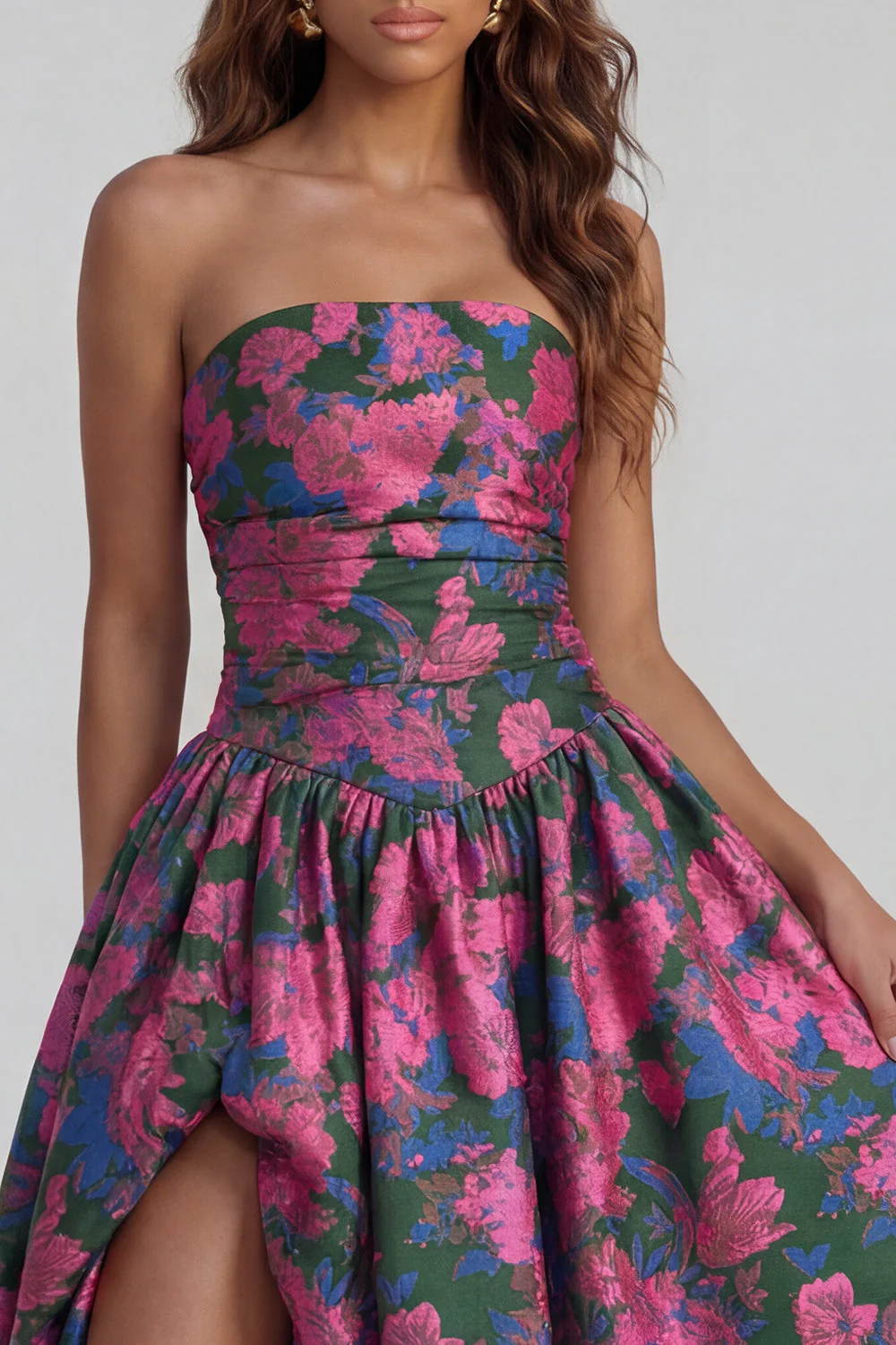 Blue Daffodil Flower Printed A-Line Strapless Midi Dress with Slit - Image 15