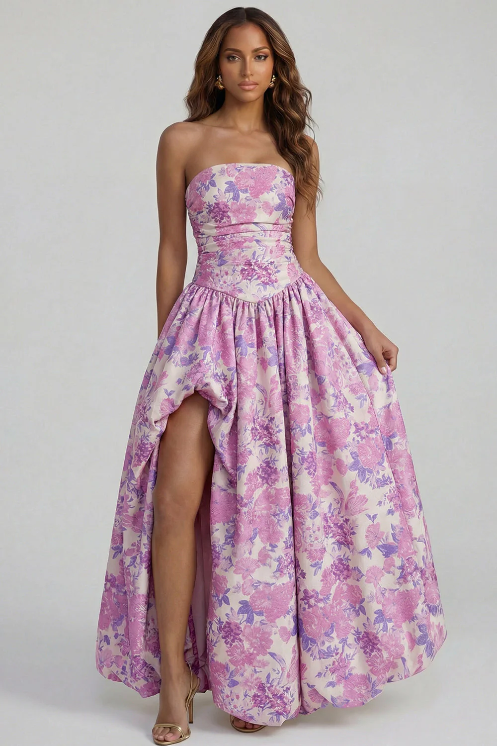 Blue Daffodil Flower Printed A-Line Strapless Midi Dress with Slit - Image 17