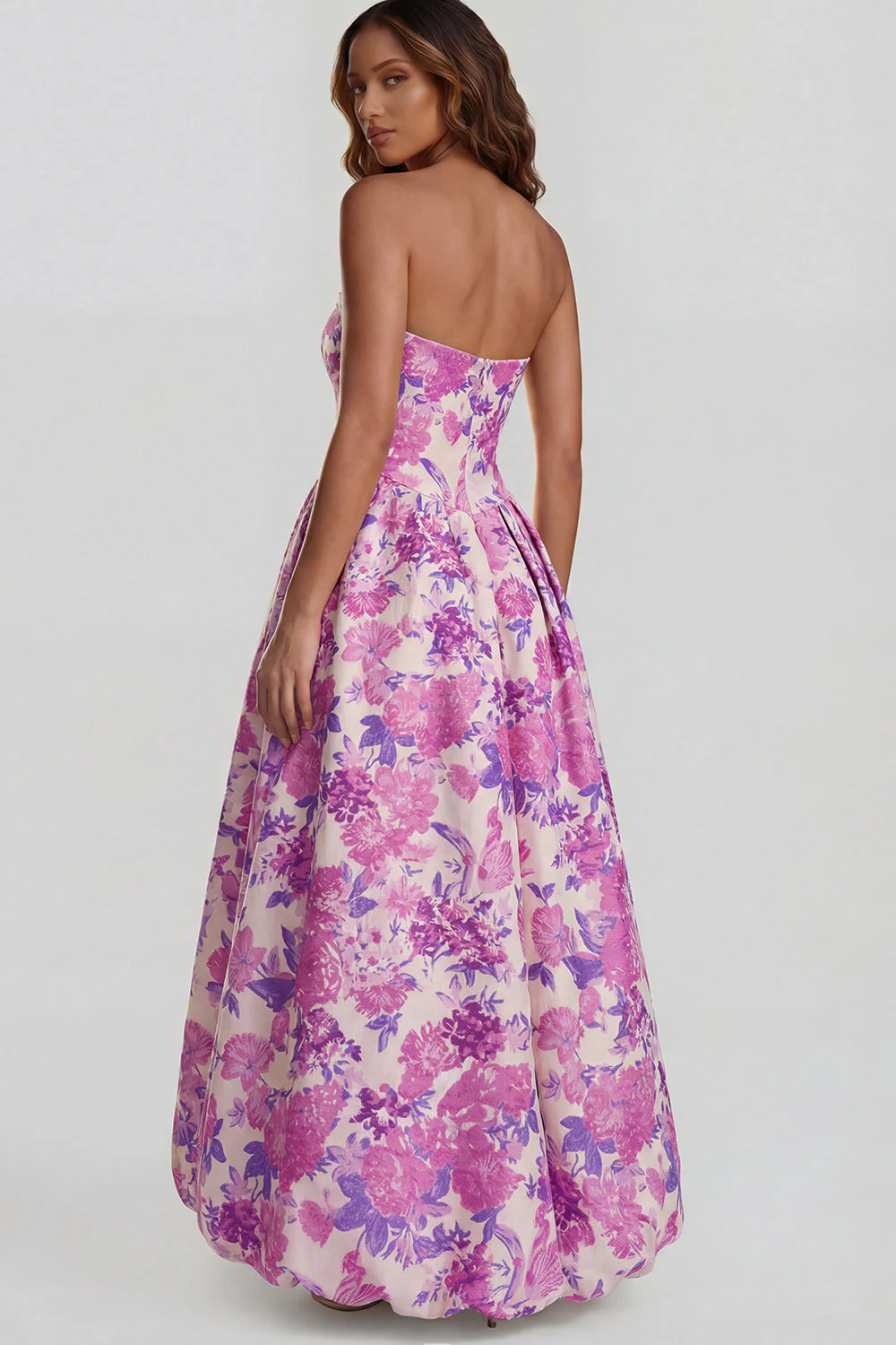 Blue Daffodil Flower Printed A-Line Strapless Midi Dress with Slit - Image 18