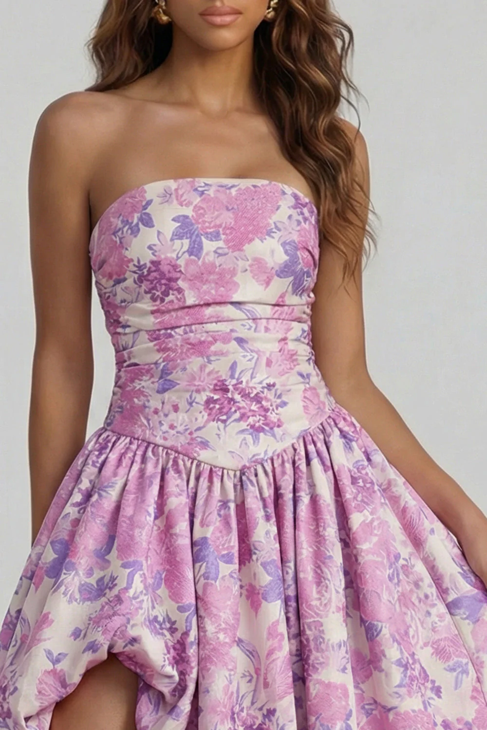 Blue Daffodil Flower Printed A-Line Strapless Midi Dress with Slit - Image 19