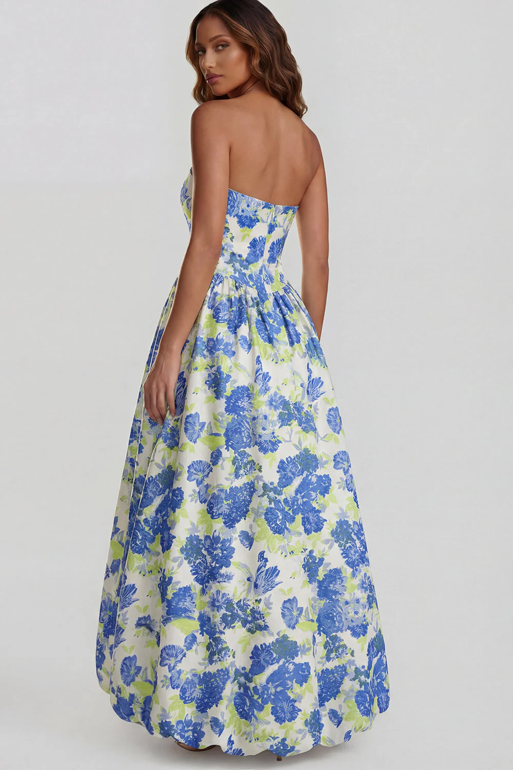 Blue Daffodil Flower Printed A-Line Strapless Midi Dress with Slit - Image 2