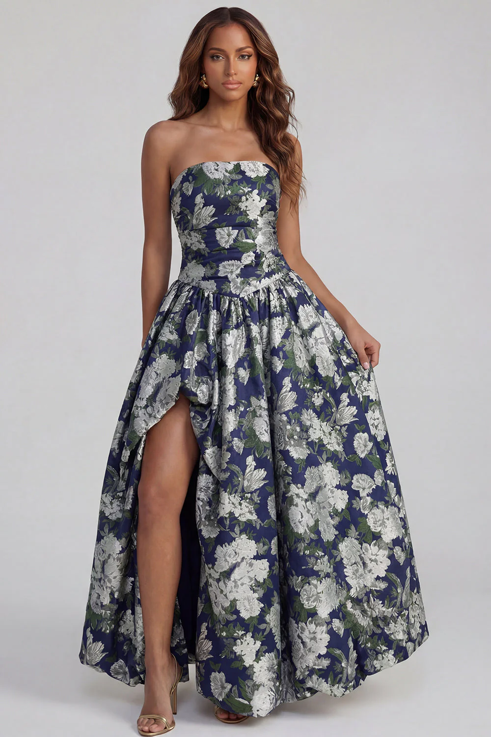 Blue Daffodil Flower Printed A-Line Strapless Midi Dress with Slit - Image 21