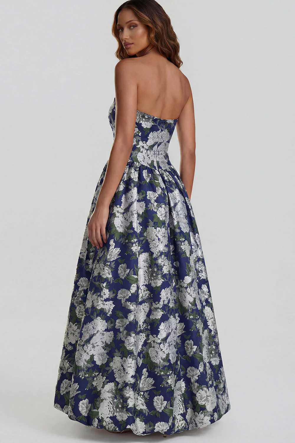 Blue Daffodil Flower Printed A-Line Strapless Midi Dress with Slit - Image 22
